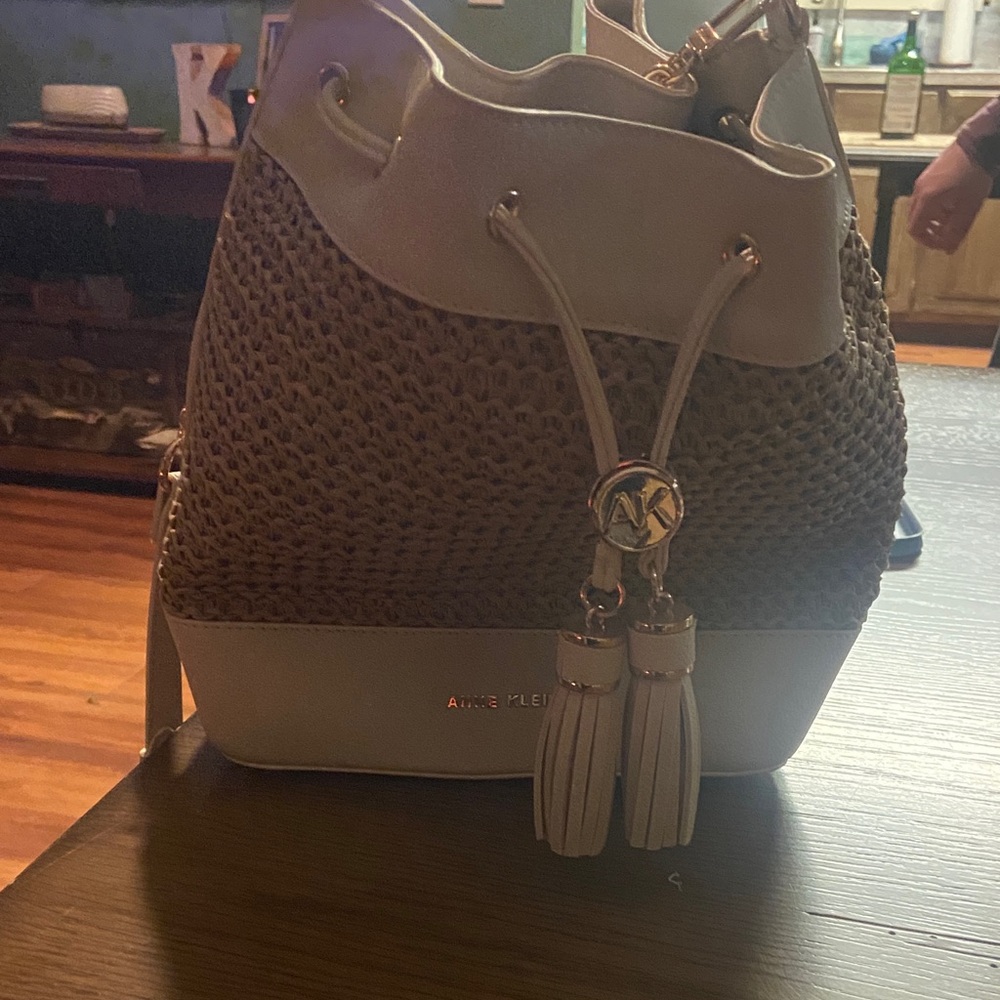 Anne Klein Cream and Brown Bucket Bag with wallet
